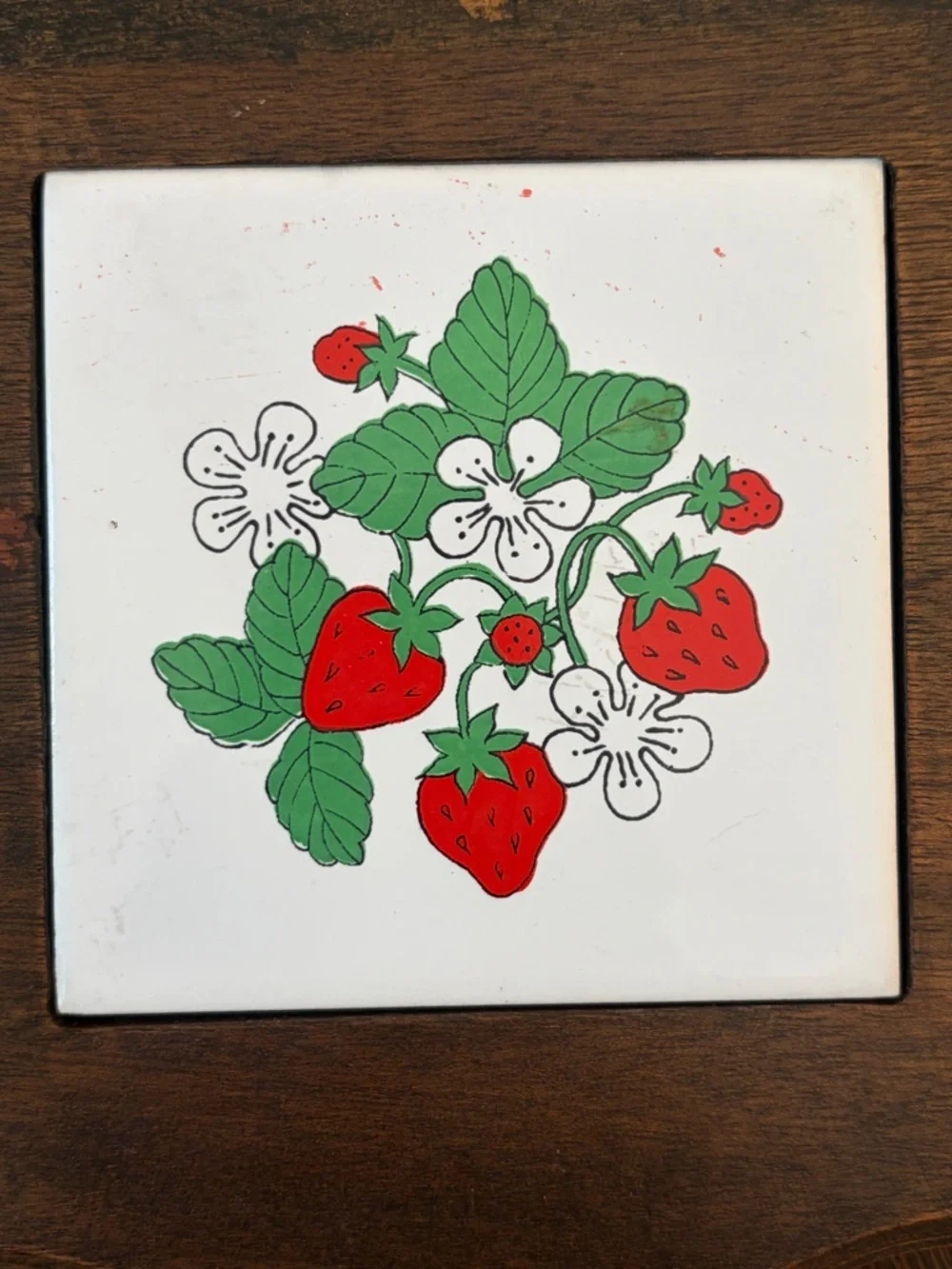 Vintage Ceramic Strawberry Tile Wooden Serving Tray Platter Cottagecore Decor